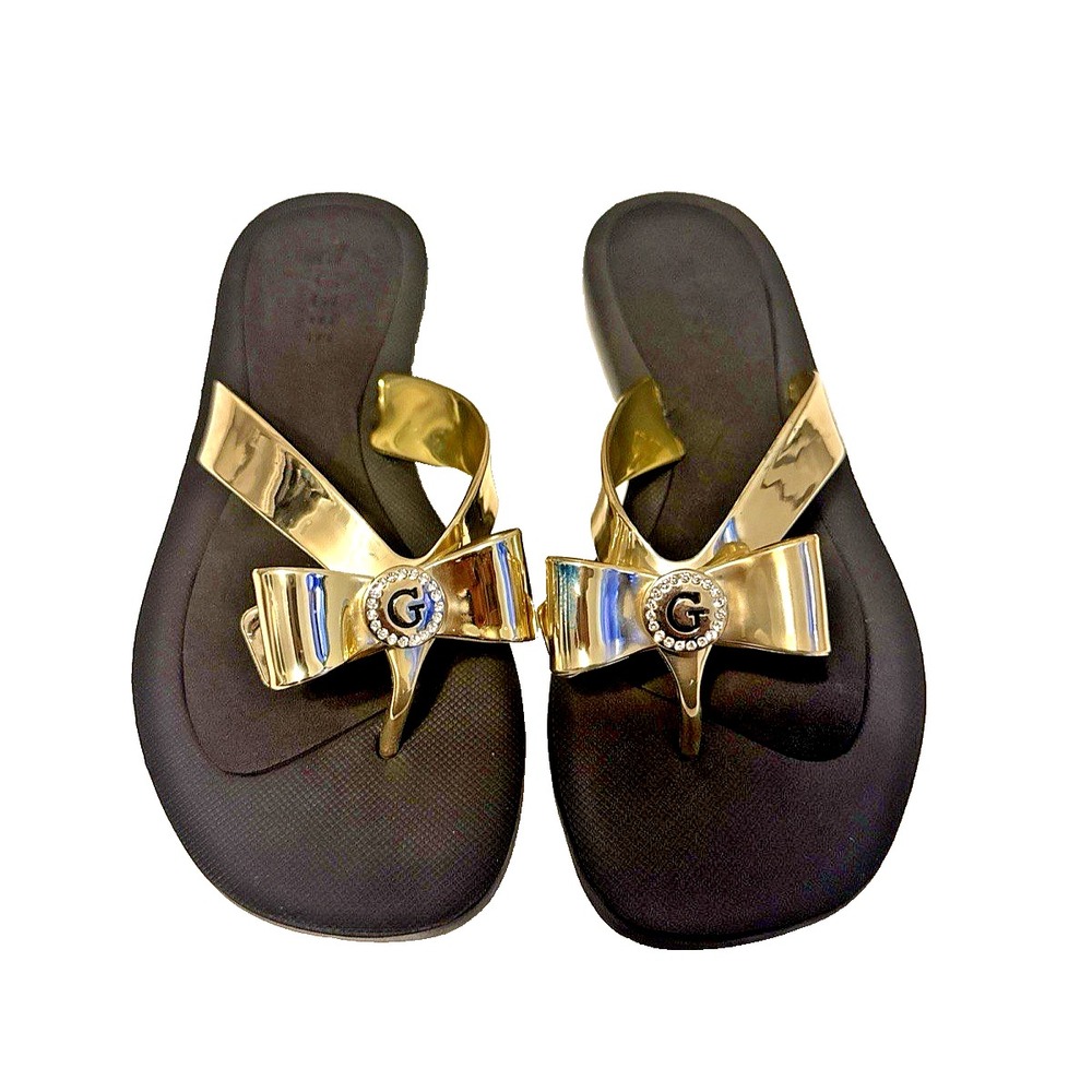Guess Women's Tutu Embellished Bow Flip Flops Black & Gold Size 6M